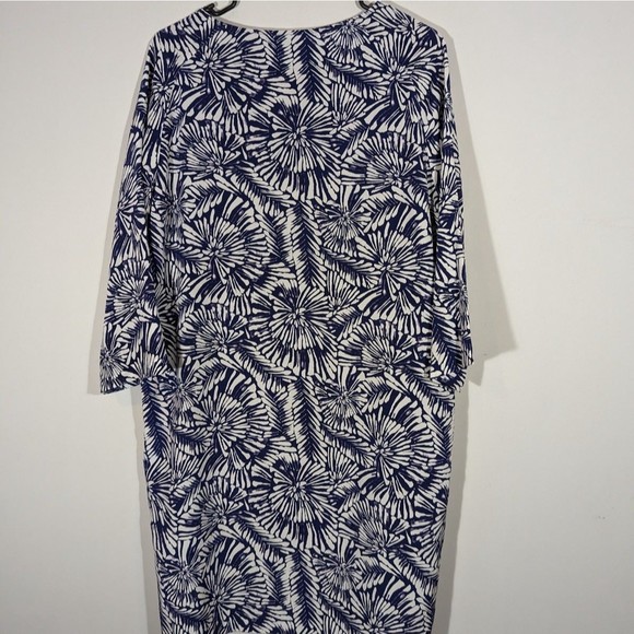 Garnet Hill Navy Print 3/4 Sleeve Silk Shift Midi Dress Women Size 10 - Picture 2 of 6